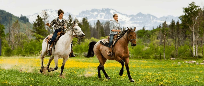 Confident plus-size woman riding Anderston a horse through a field with a smile on her face.